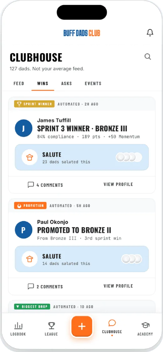 Clubhouse feed showing sprint wins, promotions, and salutes from other dads