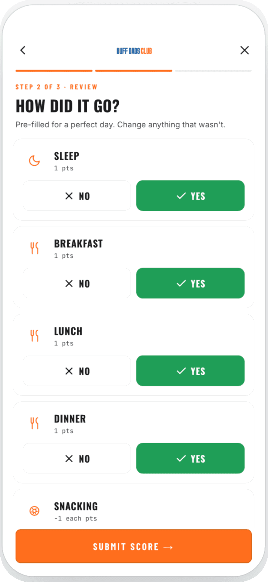 Score entry screen pre-filled for a perfect day