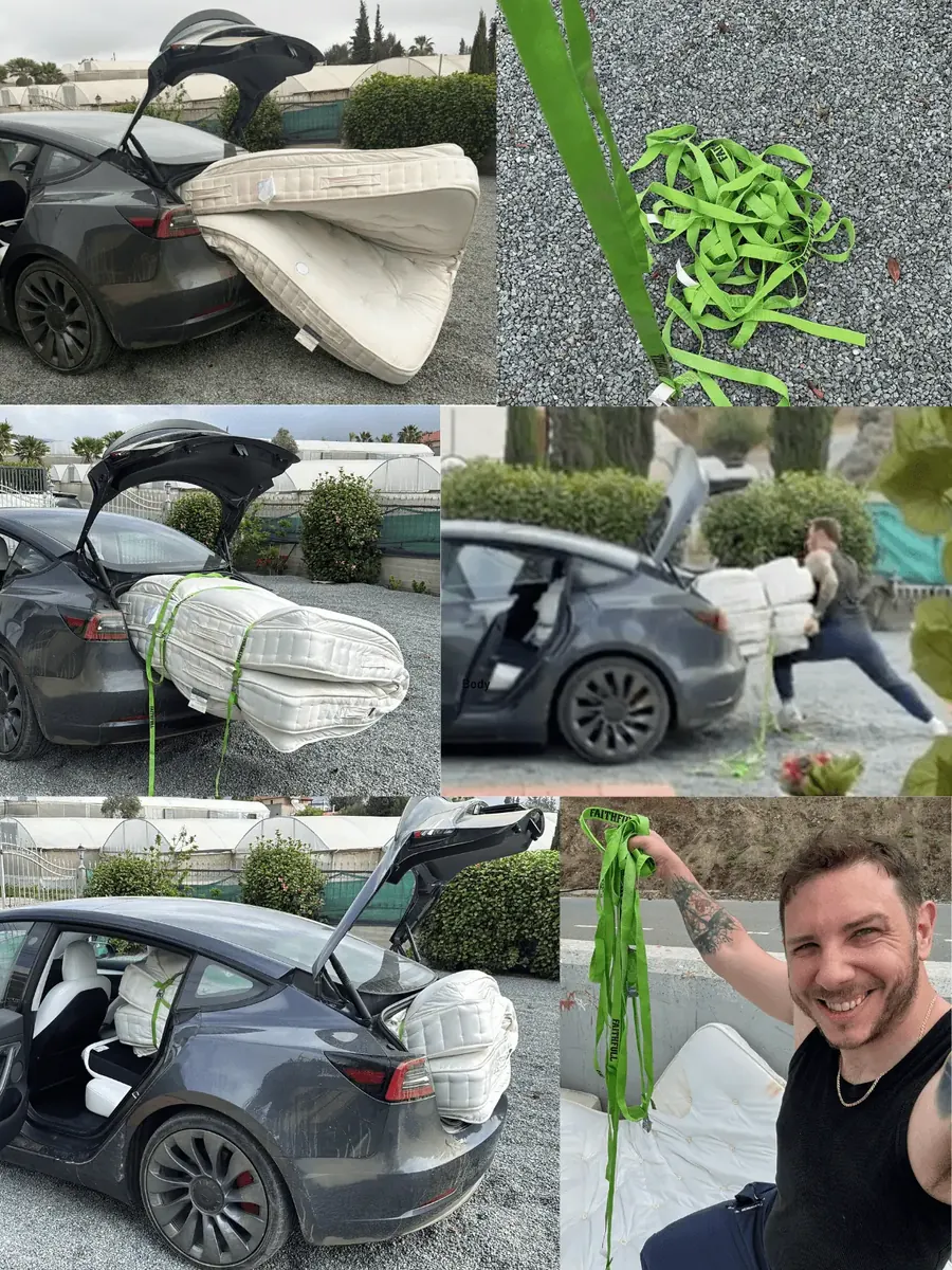 Super king mattress wedged into the back of a Tesla Model 3, then hauled onto the pile at the tip.